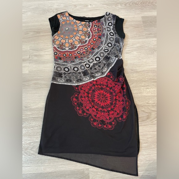 DESIGUAL Cute Black & Red Mandala Print Designer Dress. - Picture 4 of 11